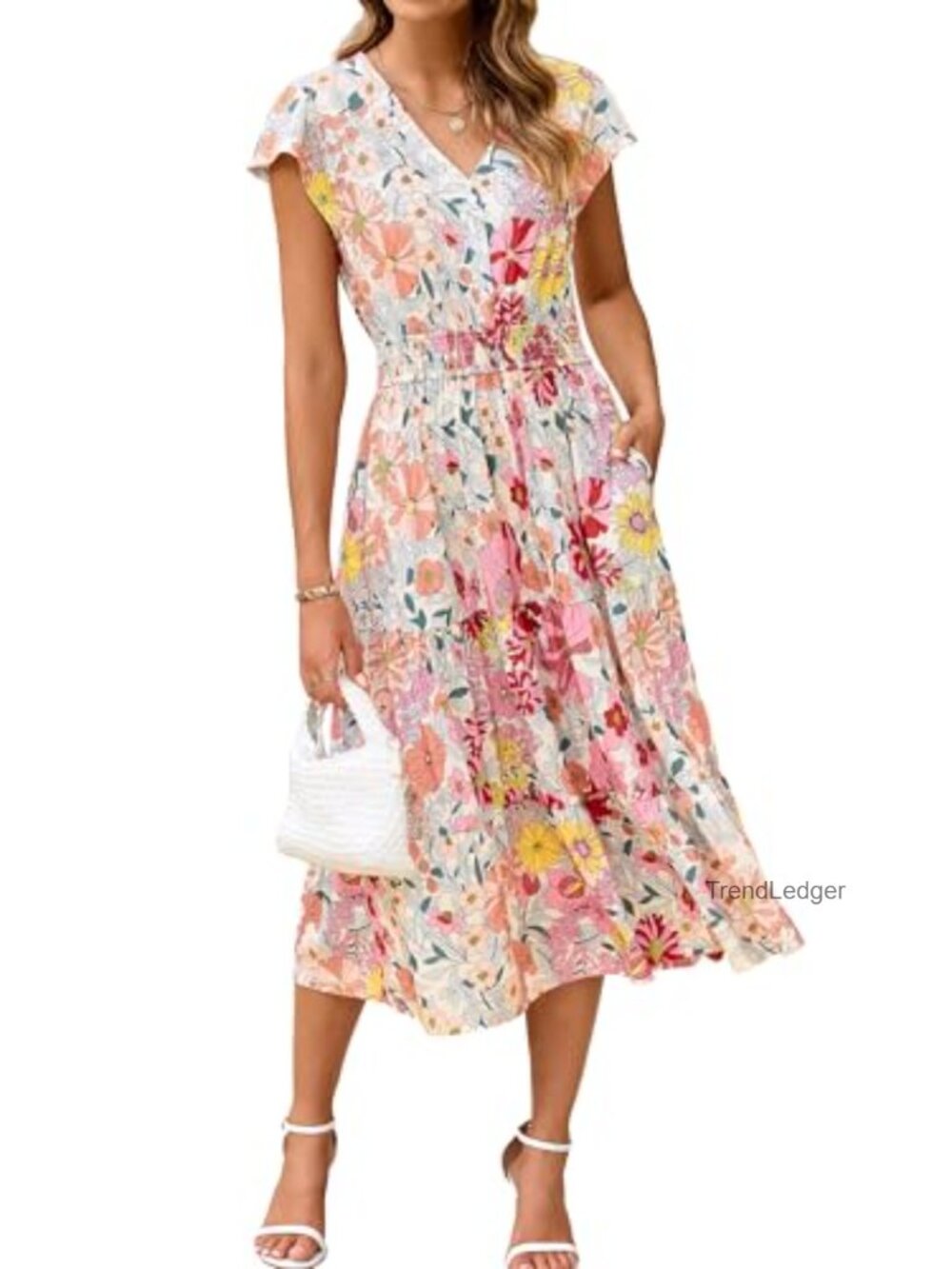 Women's Floral Boho Ruffle Summer Midi Dress Short Sleeve V Neck Empire Waist